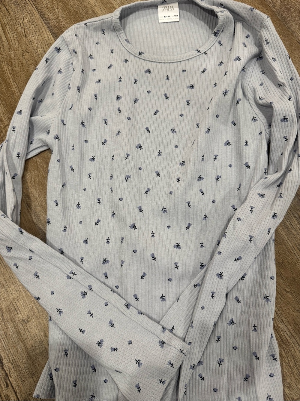 Zara Light Blue Ribbed Long Sleeve Top with Navy Floral Motif